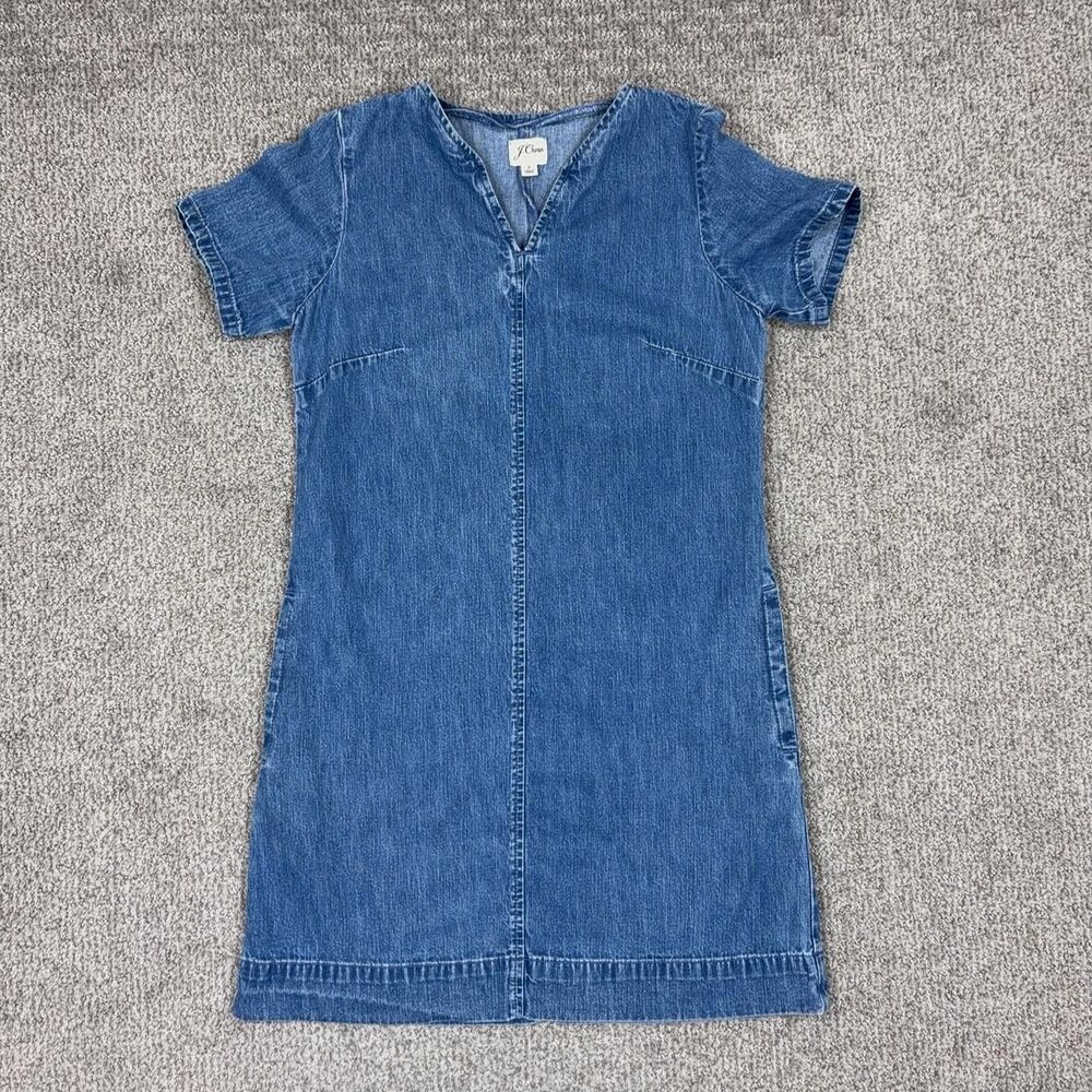 J Crew Dress Women 2 Blue Denim V Neck Shift Short Sleeve Pockets Casual Capsule